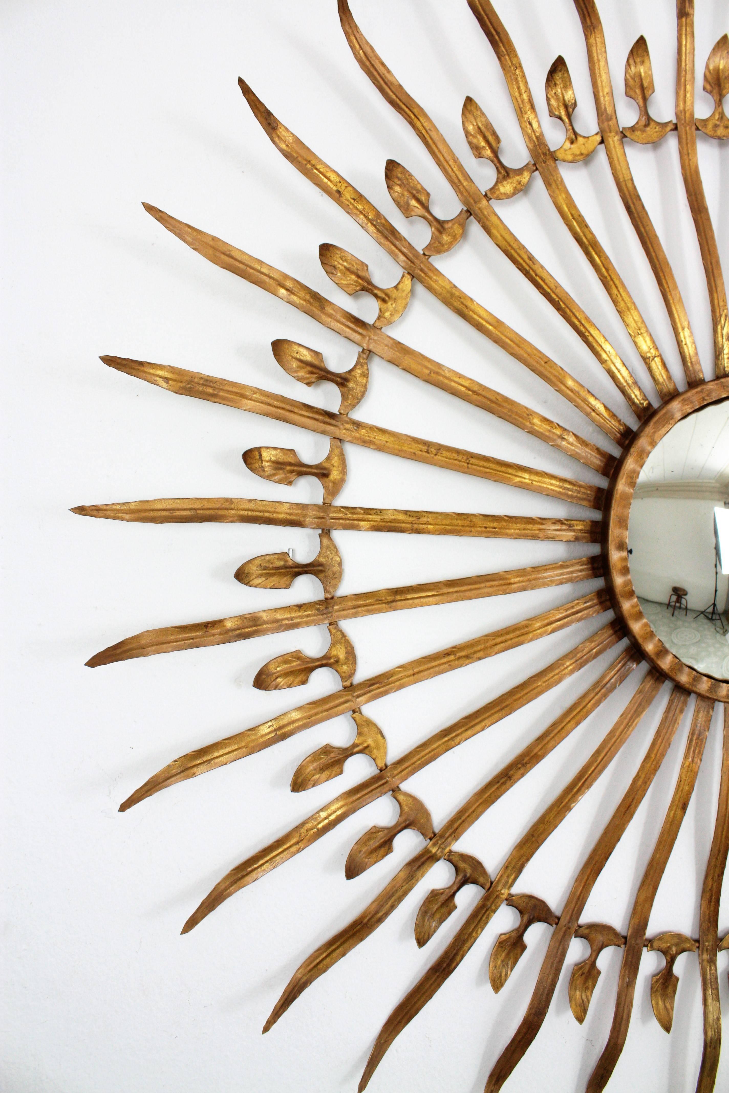 Mid-Century Modern Spanish 1950s Hollywood Regency Large Gilt Iron Convex Sunburst Mirror