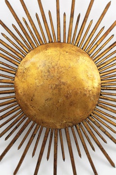 French 1940s Hand-Hammered Iron Gold Leaf Gilt Sunburst Light Fixture
