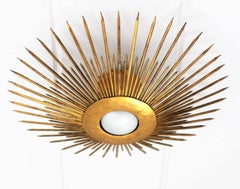 Large Wrought Iron Gold Leaf Gilt Sunburst Flush Mount / Pendant, France, 1940s