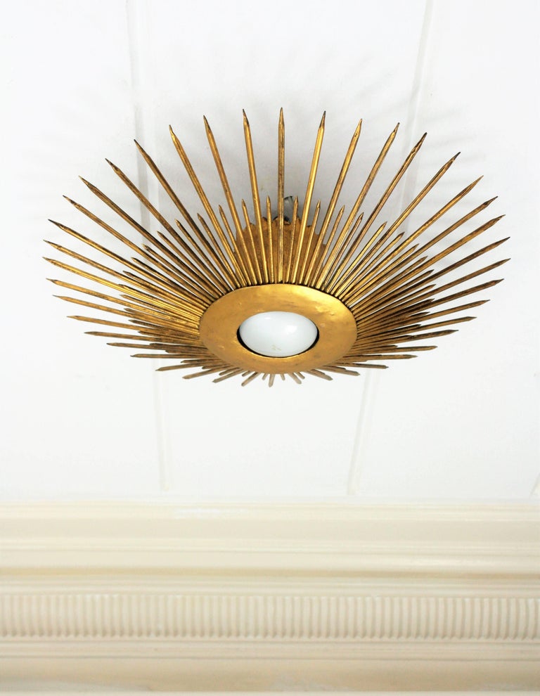 Large HandHammered Iron Gold Leaf Gilt Sunburst Light Fixture, France