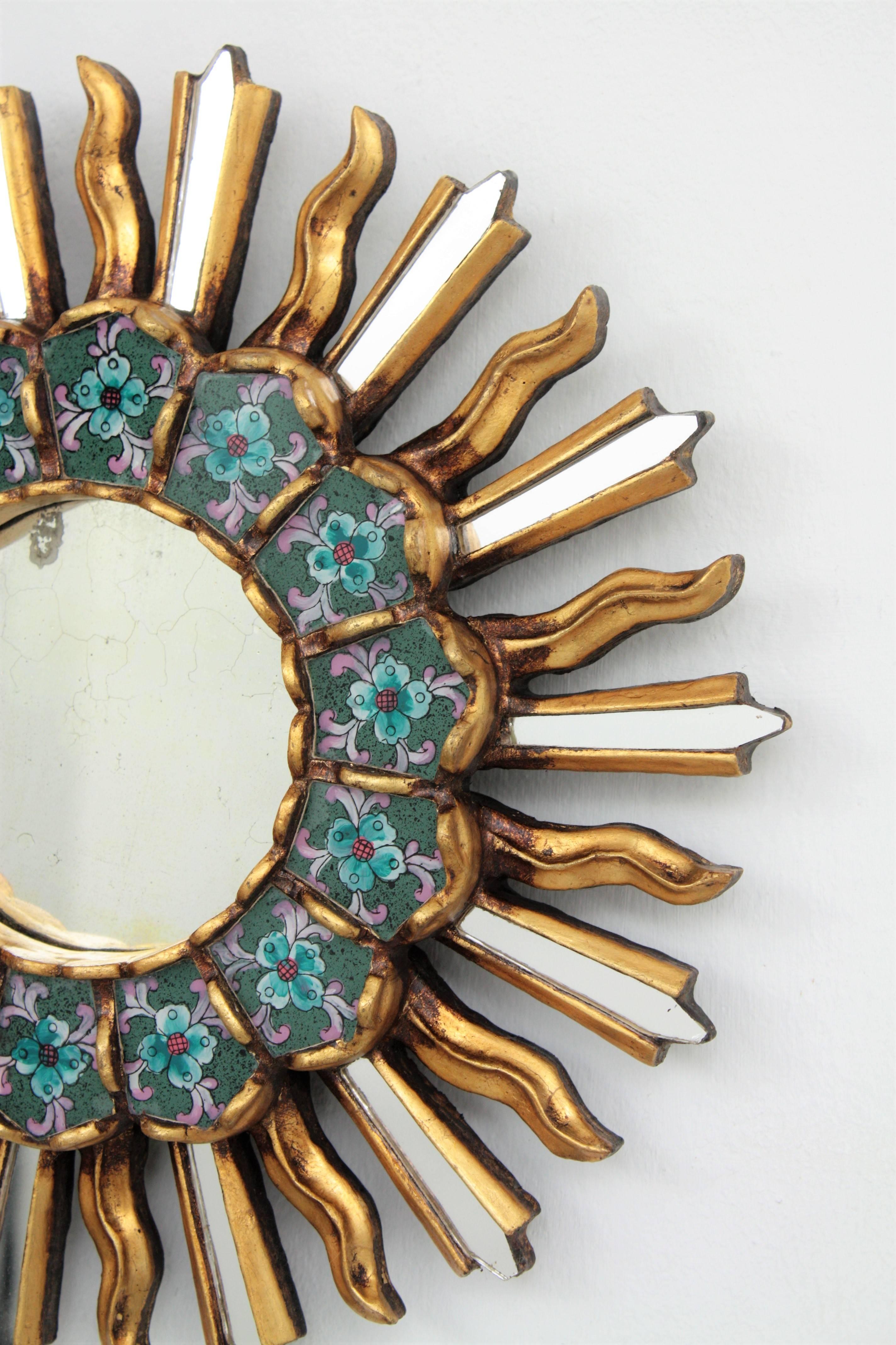 Late 20th Century 1970s Spanish Colonial Style Giltwood Mini Sunburst Mirror with Painted Glasses
