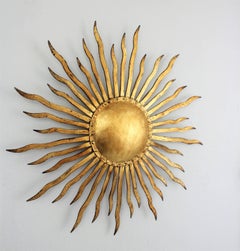 Spanish 1950s Brutalist Hand-Hammered Gilt Iron Sunburst Wall Light