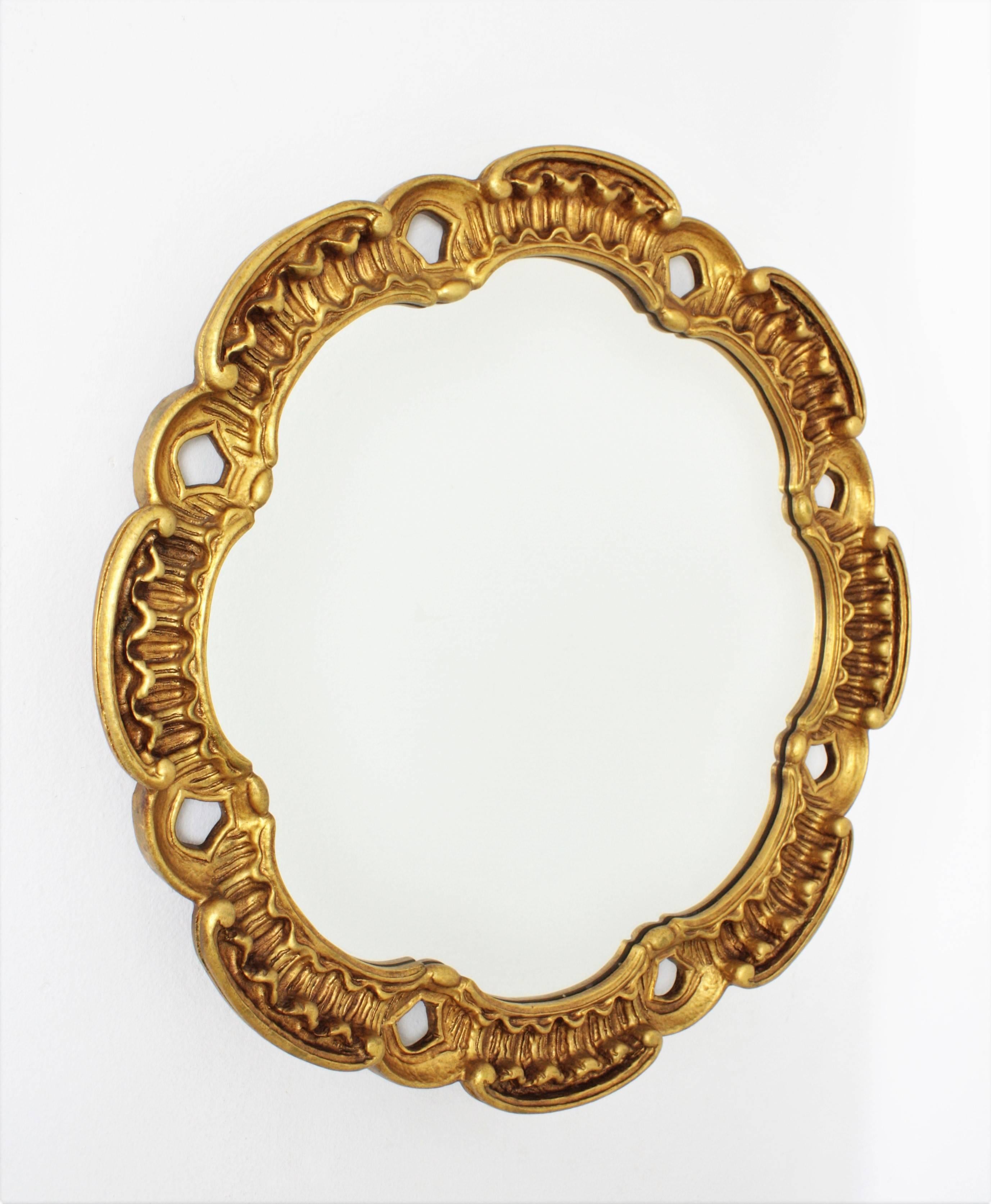 Mid-Century Modern Francisco Hurtado Scalloped Giltwood Mirror with Carved Scroll-Work, Spain 1960s