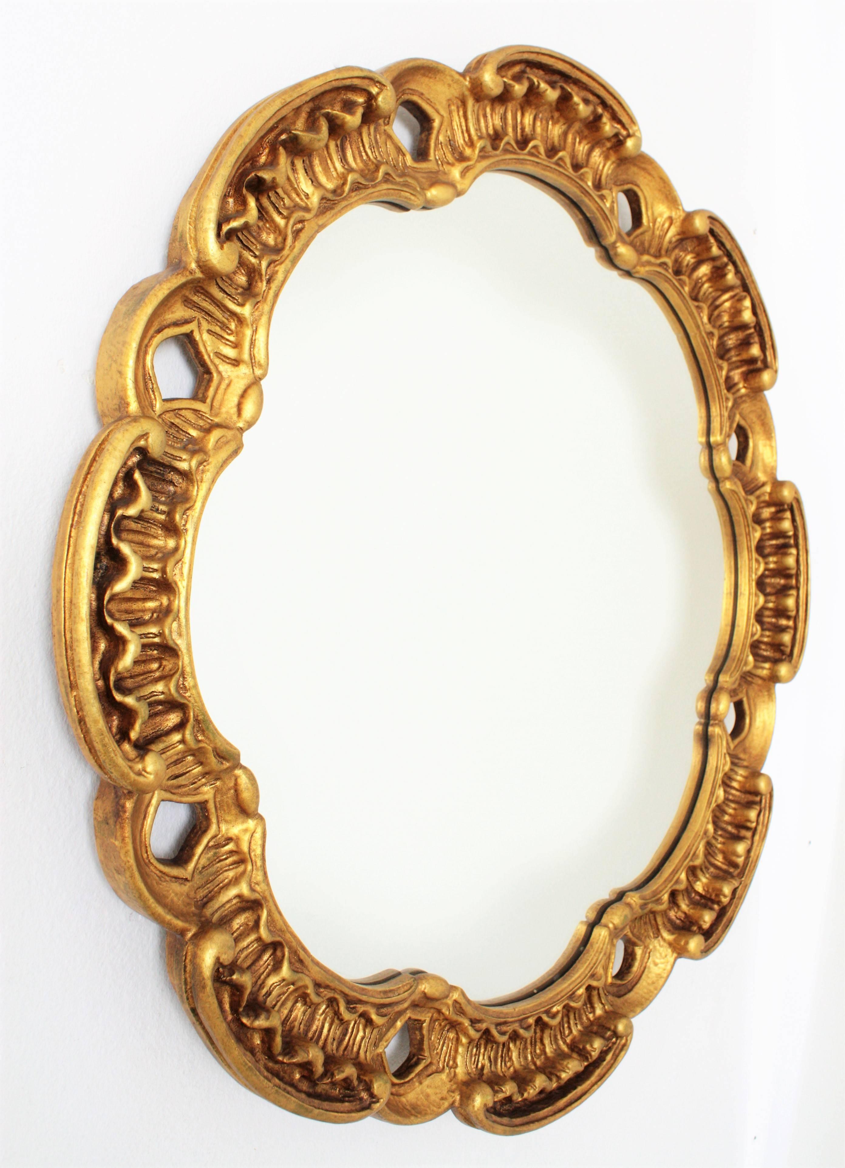 Spanish Francisco Hurtado Scalloped Giltwood Mirror with Carved Scroll-Work, Spain 1960s