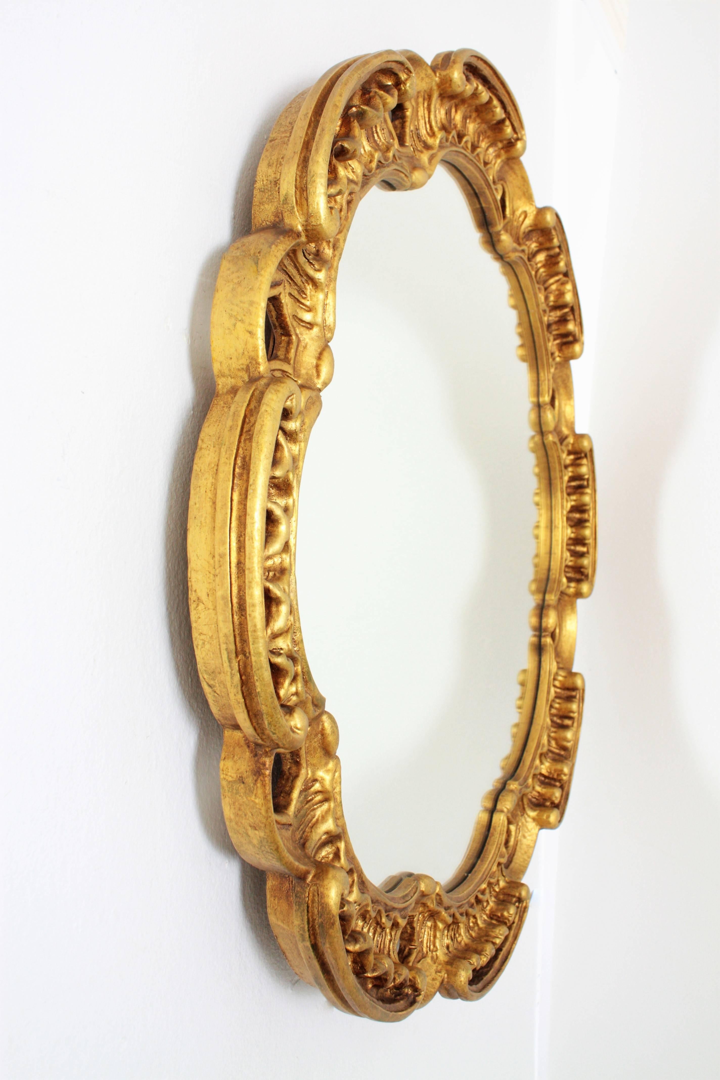 Hand-Carved Francisco Hurtado Scalloped Giltwood Mirror with Carved Scroll-Work, Spain 1960s