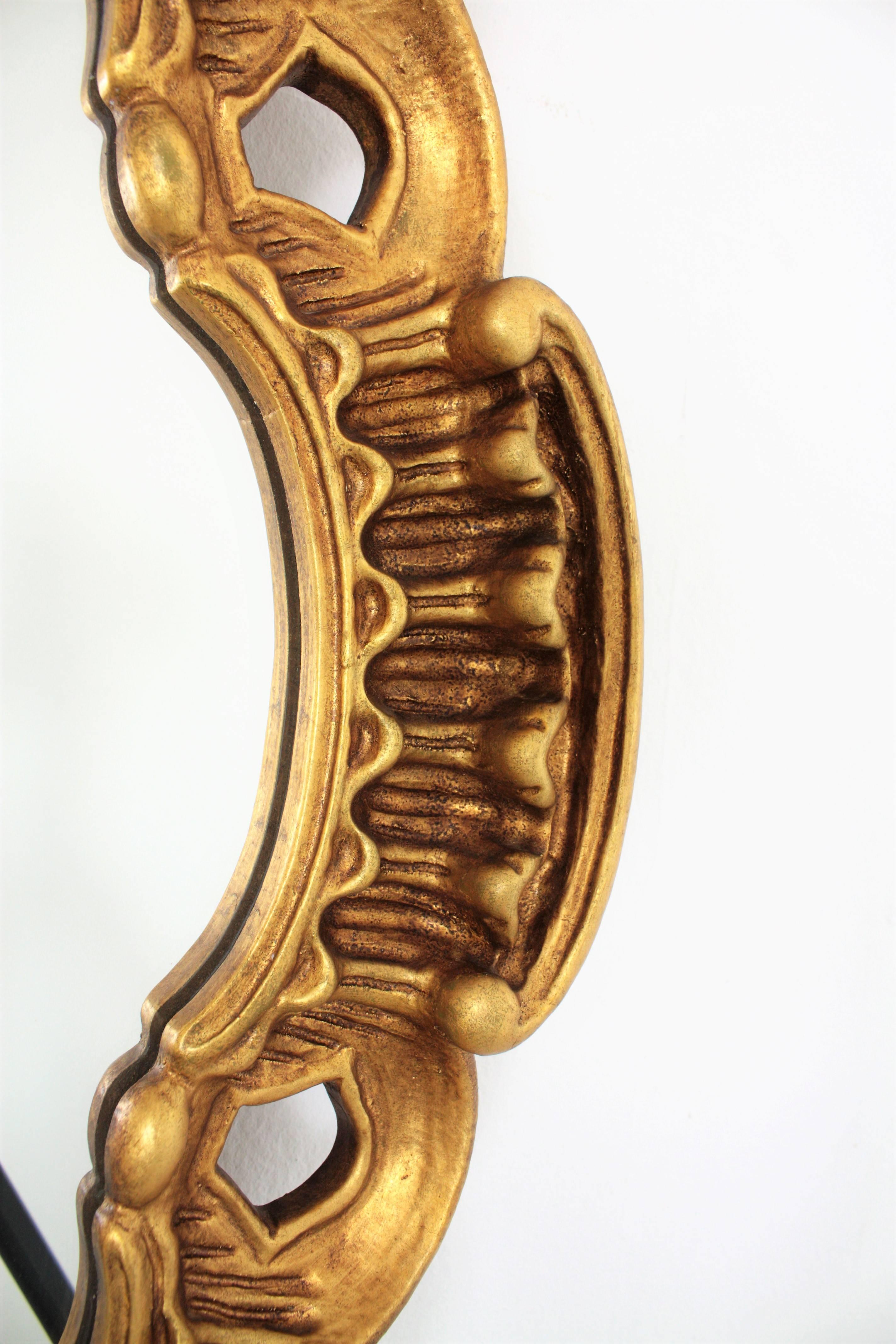 Wood Francisco Hurtado Scalloped Giltwood Mirror with Carved Scroll-Work, Spain 1960s
