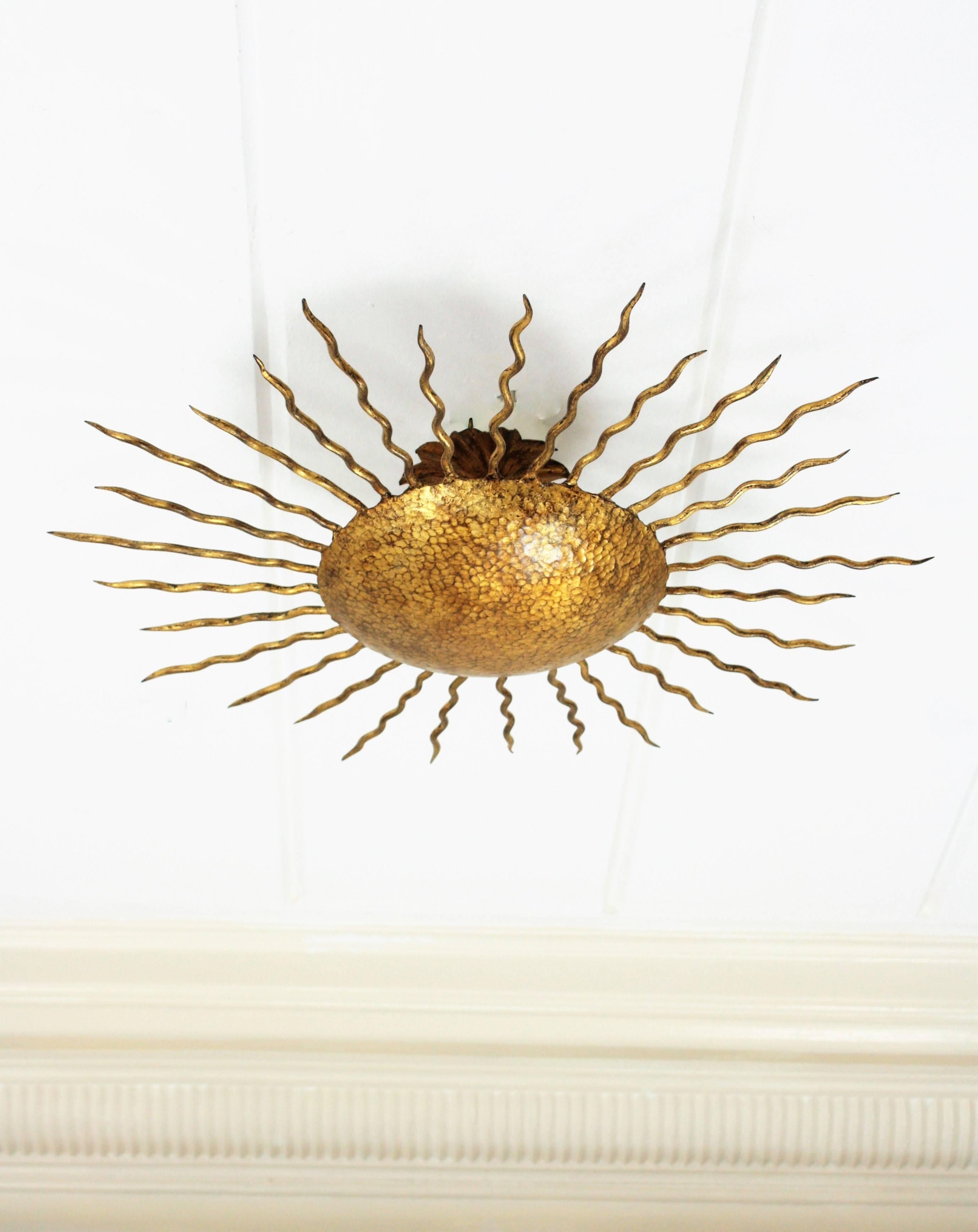 Large Hand-Hammered Gilt Iron Sunburst Flush Mount or Wall Light, Spain 1950s In Excellent Condition In Barcelona, ES