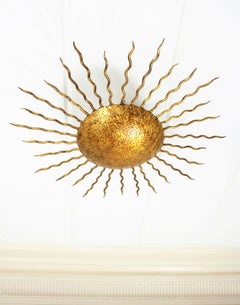 Large Hand-Hammered Gilt Iron Sunburst Flush Mount or Wall Light, Spain 1950s