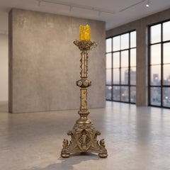 Monumental French Gothic Revival Cast Bronze Candlestick with Wax Candle