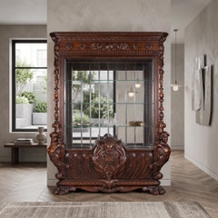Italian Renaissance Revival Hand Carved Walnut Vitrine and Display Cabinet