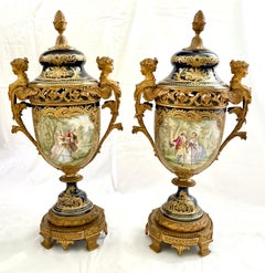 Pair of French 19th c. Sèvres Porcelain Potpourri Urns w/Reticulated Collars