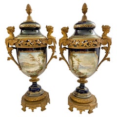 Pair of French 19th c. Sèvres Porcelain Potpourri Urns w/Reticulated Collars