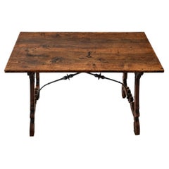 18th Century Walnut Spanish Fratina Table with hand forged iron stretcher