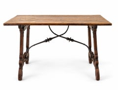 18th Century Walnut Spanish Fratina Table with hand forged iron stretcher