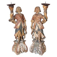 CIRCA 1650-1700 Italian Baroque Carved Wood Angel Figure Candlesticks