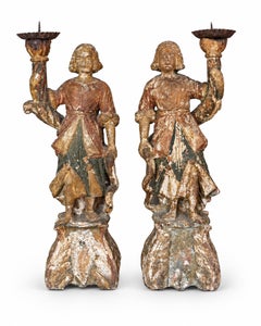CIRCA 1650-1700 Italian Baroque Carved Wood Angel Figure Candlesticks