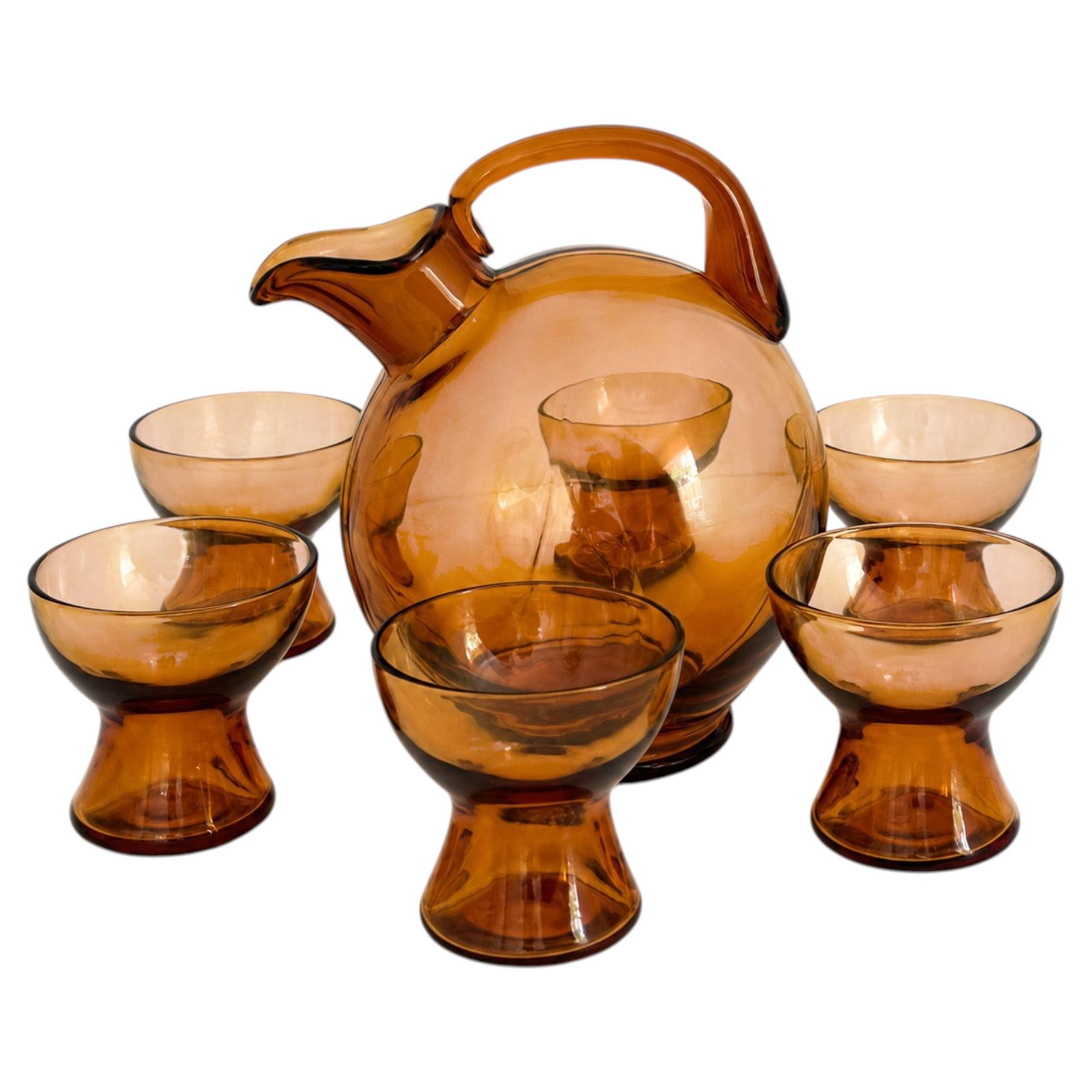 Amber Depression Glass Cordial Set, Art Deco Style, 1930s, USA