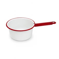 Collezione di pentole vintage in smalto bianco con bordi rossi, set da 8 pezzi