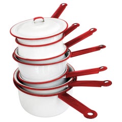 Collezione di pentole vintage in smalto bianco con bordi rossi, set da 8 pezzi