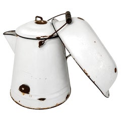 Vintage White & Black Enamelware Coffee Pot and Wash Basin Set, 1920s