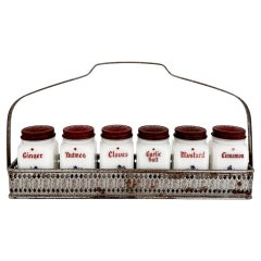Vintage Milk Glass Spice Jar Set with Red Lids and Metal Rack, Set of 7