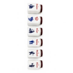 Vintage Milk Glass Spice Jar Set with Red Lids and Metal Rack, Set of 7