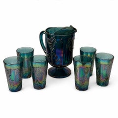 Vintage Iridescent Blue Glassware Set with Pitcher & Tumblers, 1970