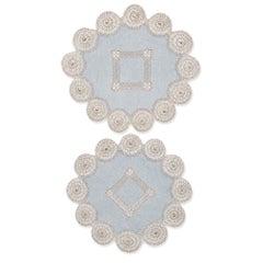 Set of Six Antique Blue and White Linen Tenerife Drawn-Work Embroidery Doilies