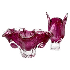 Czechoslovakian Art Glass Cat’s Head Vase and Bowl Set, Pink, 1960s