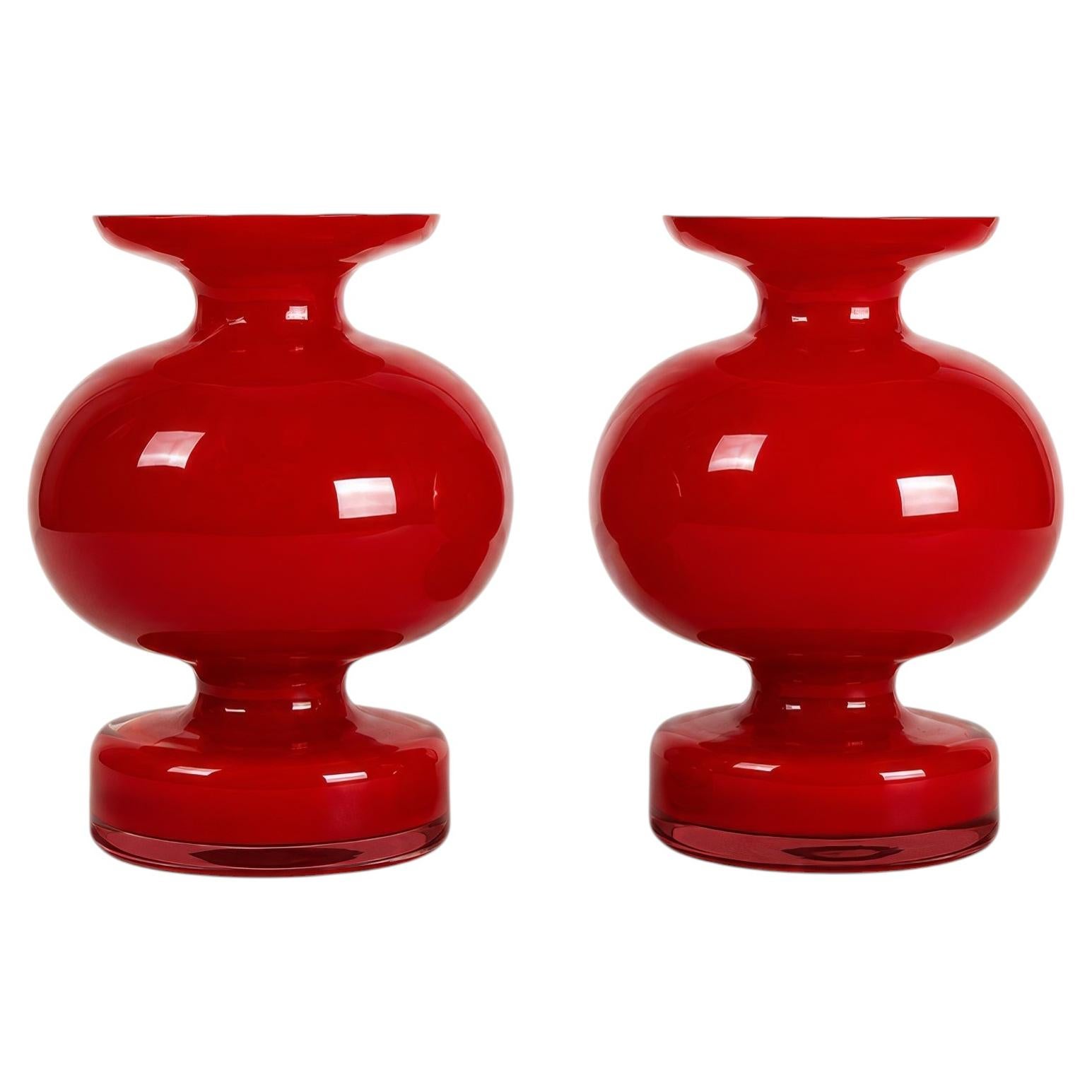 Pair of Ruby Red Art Glass Vases, Mid-Century Danish Design For Sale