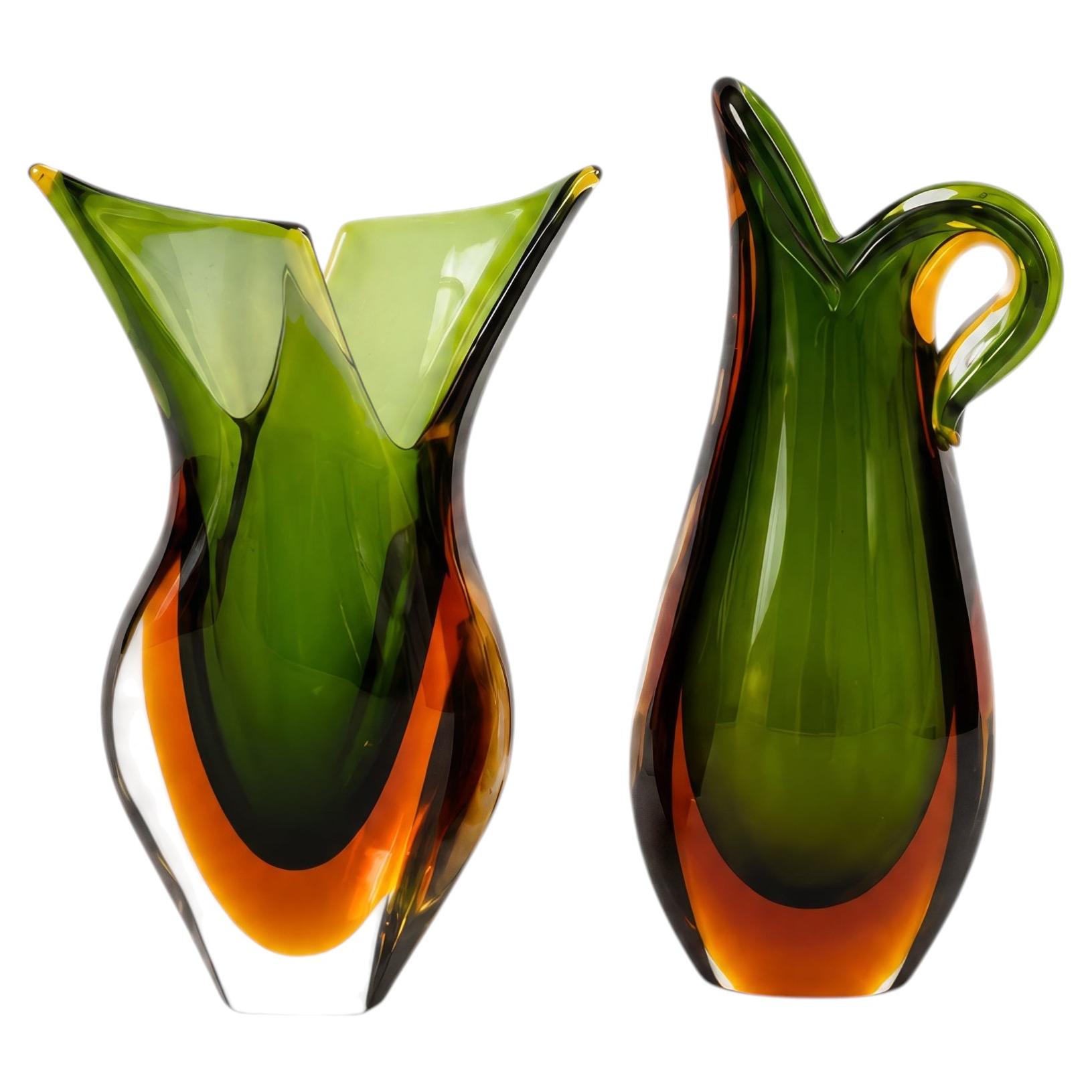 Murano Sommerso Glass Vases, Green & Orange, Italy, 1970