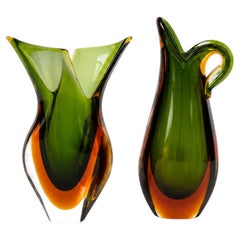 Murano Sommerso Glass Vases, Green & Orange, Italy, 1970