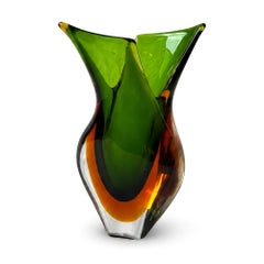 Murano Sommerso Glass Vases, Green & Orange, Italy, 1970