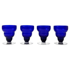 Set of Four Vintage Cobalt Blue Glass Cups with Lobed Rim
