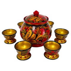 Ensemble vintage russe « Khokhloma » composé d'une salière et d'un plat à trempette en bois laqué et peint à la main, 7