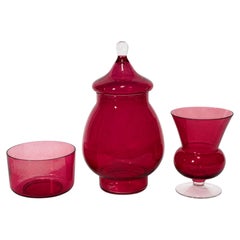 Vintage Italian Glass Vessel Set, Fuchsia Pink, Empoli Style, 1960
