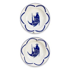Vintage Set of Six Chinese Enamelware Plates with Blue and White Koi Fish Design