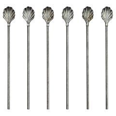 Vintage Set of Six Shell-Top Metal Cocktail Straws and Swizzle Sticks