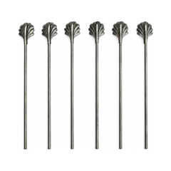 Vintage Set of Six Shell-Top Metal Cocktail Straws and Swizzle Sticks