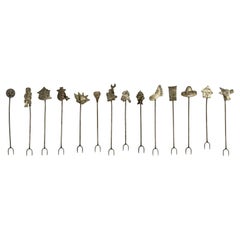 Vintage Set of 14 Alpaca Cocktail Forks, Mexican Novelty Designs, 1980