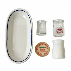 Vintage Five-Piece Serveware Set, Glass Creamers, Oval Plate, 1950