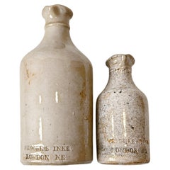 Antique British Ink Pot Set, Stoneware and Glass, Circa 1890, 4 Pieces