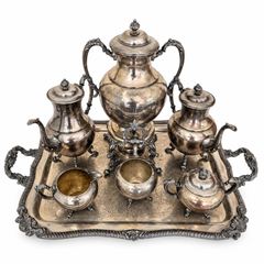 Antique Silver-Plated Copper Tea and Coffee Set, Eight-Piece, 1920