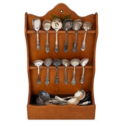 30 Antique Silver-Plated Spoons with Wooden Display Rack