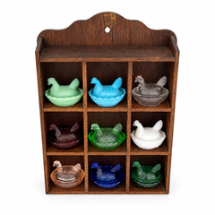 Collection of Nine Vintage Hen on Nest Glass Salt Cellars with Display