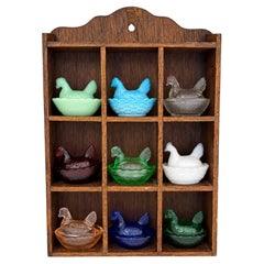 Collection of Nine Vintage Hen on Nest Glass Salt Cellars with Display