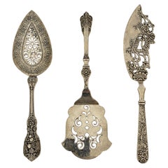 Antique Three-Piece Silver Serving Set, Ornate Botanical Design, 1900