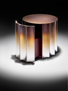 Bedside Table, Gradient Stainless Steel, Red Lacquer, Fluted Design, Italy