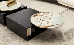 Quadratischer Couchtisch mit drehbarer Marmorplatte, schwarz lackiert, Studio Adolini, Italien