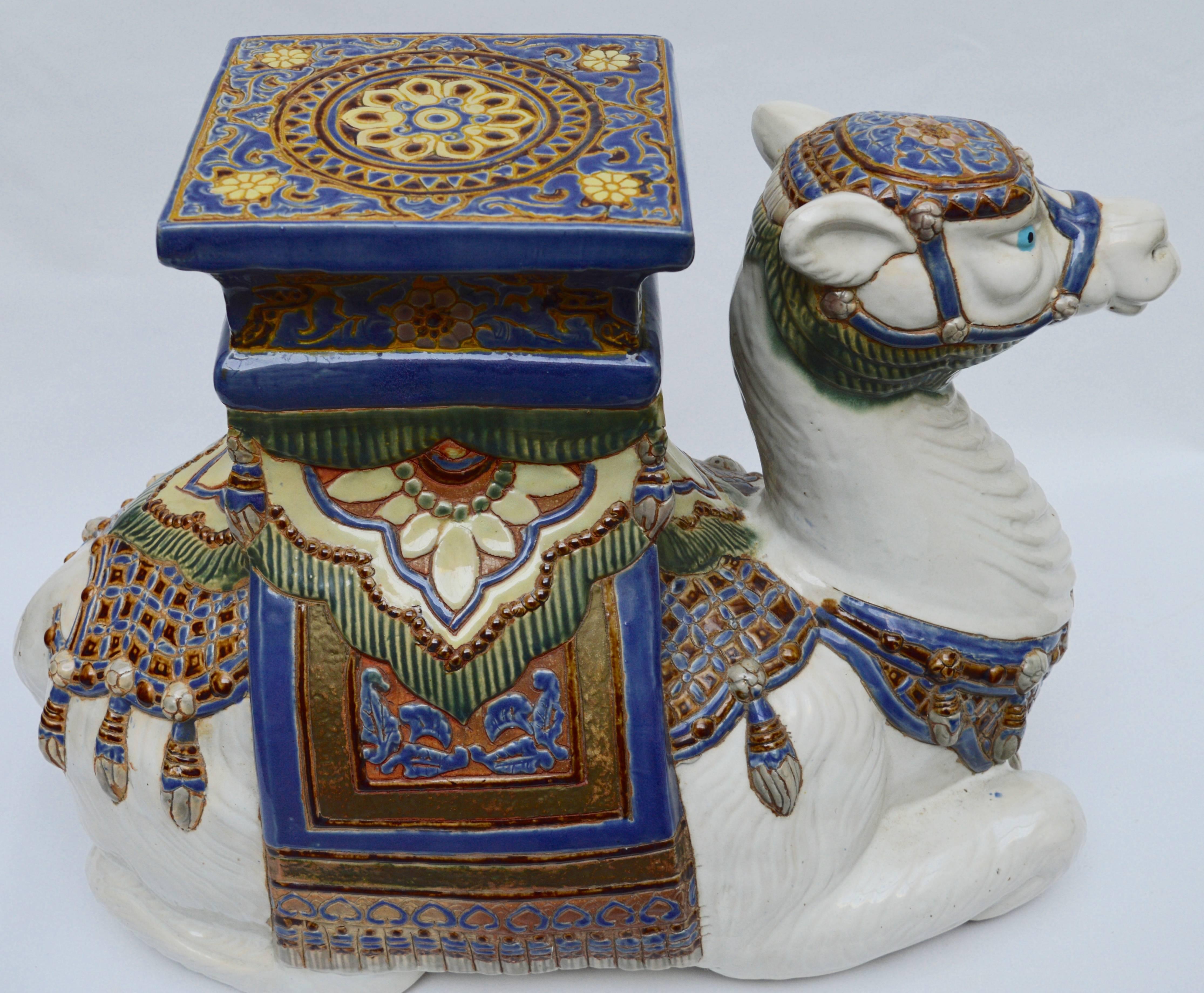 What a fun piece to add to the garden or living room! Glazed Italian ceramic camel was made to be used as a side table, garden seat or a plant pedestal.
Rare to find in such excellent condition!!